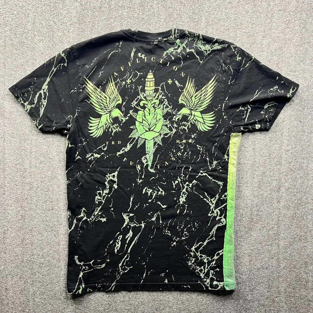 Affliction‎ T Shirt Mens Small Black Green Black Label Marble Winged Graphic Tee
